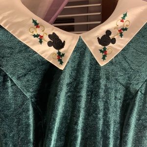 Disney’s Mickey & Minnie Silhouette Gold Holly Embroidered Holiday Emerald Dress